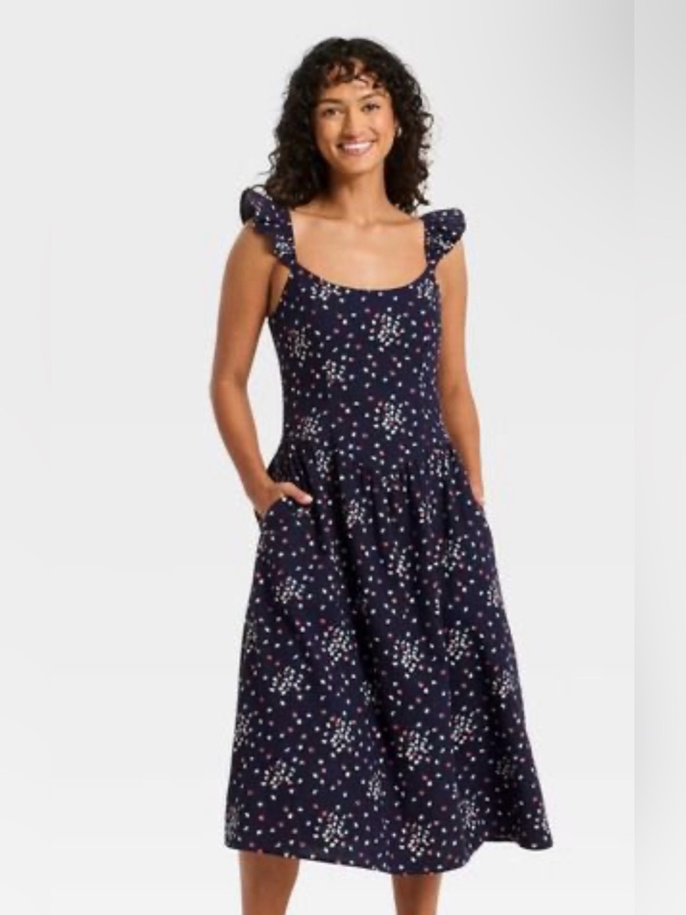 Universal Thread Navy Floral Tie-Shoulder Midi Dress